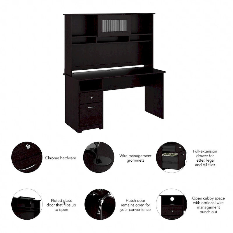 60W Computer Desk with Hutch in Espresso Oak