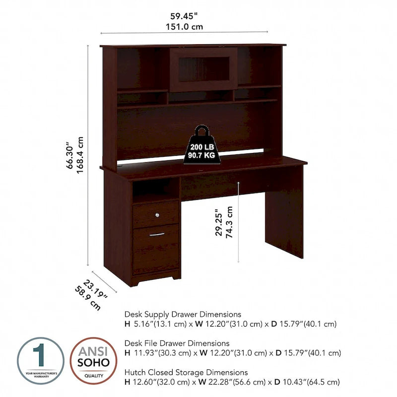 60W Computer Desk with Hutch in Espresso Oak