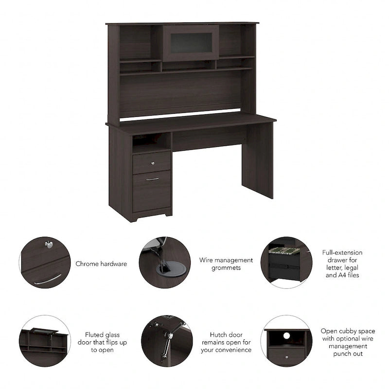 60W Computer Desk with Hutch in Espresso Oak