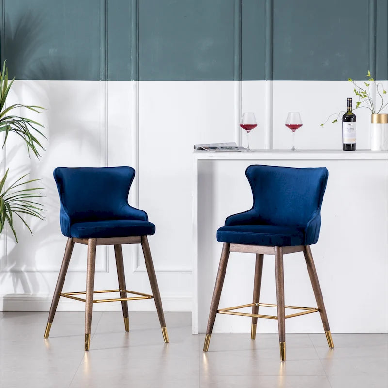Modern Set of 2 Fabric Bar Stools with Foam-Padded Backrest Seat, Solid Wood Legs, for Kitchen Island Dining Room Living Room