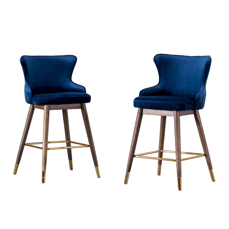 Modern Set of 2 Fabric Bar Stools with Foam-Padded Backrest Seat, Solid Wood Legs, for Kitchen Island Dining Room Living Room