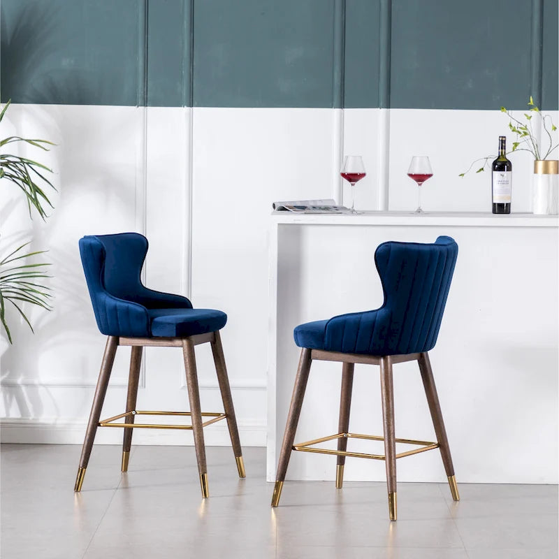 Modern Set of 2 Fabric Bar Stools with Foam-Padded Backrest Seat, Solid Wood Legs, for Kitchen Island Dining Room Living Room
