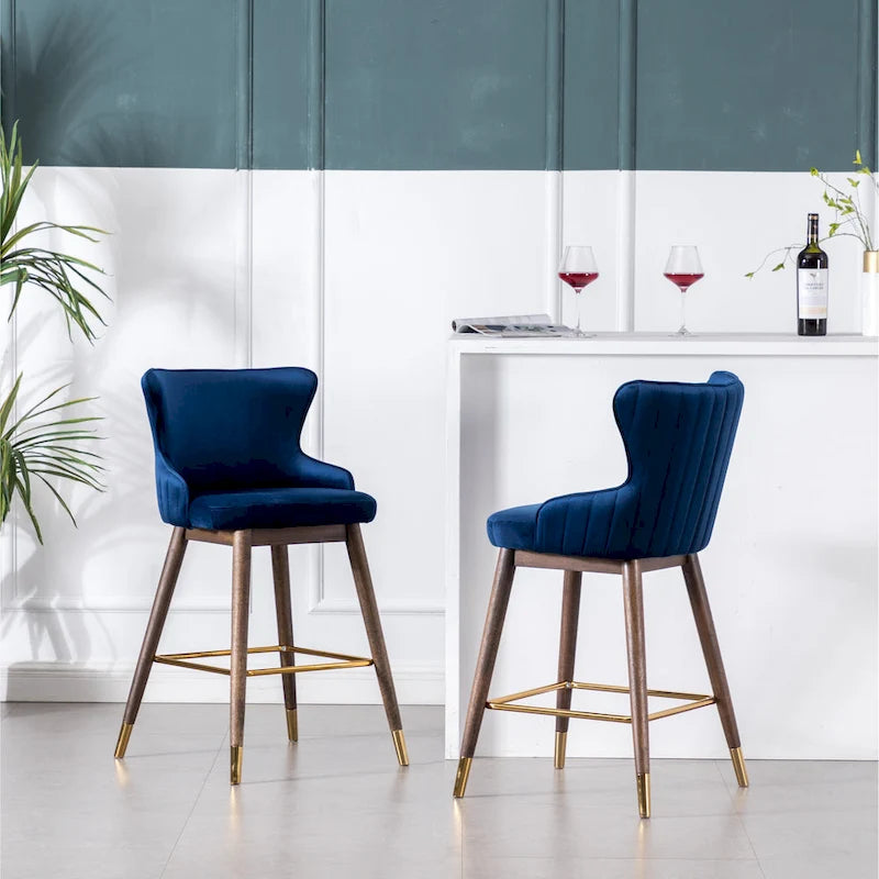 Modern Set of 2 Fabric Bar Stools with Foam-Padded Backrest Seat, Solid Wood Legs, for Kitchen Island Dining Room Living Room