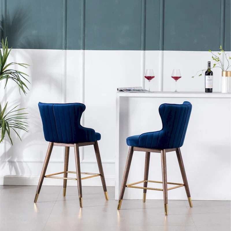 Modern Set of 2 Fabric Bar Stools with Foam-Padded Backrest Seat, Solid Wood Legs, for Kitchen Island Dining Room Living Room