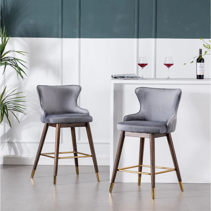 Modern Set of 2 Fabric Bar Stools with Foam-Padded Backrest Seat, Solid Wood Legs, for Kitchen Island Dining Room Living Room