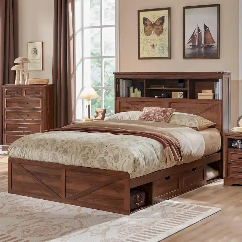 Farmhouse Queen Size Wood Bed Frame with Storage Headboard and Drawers