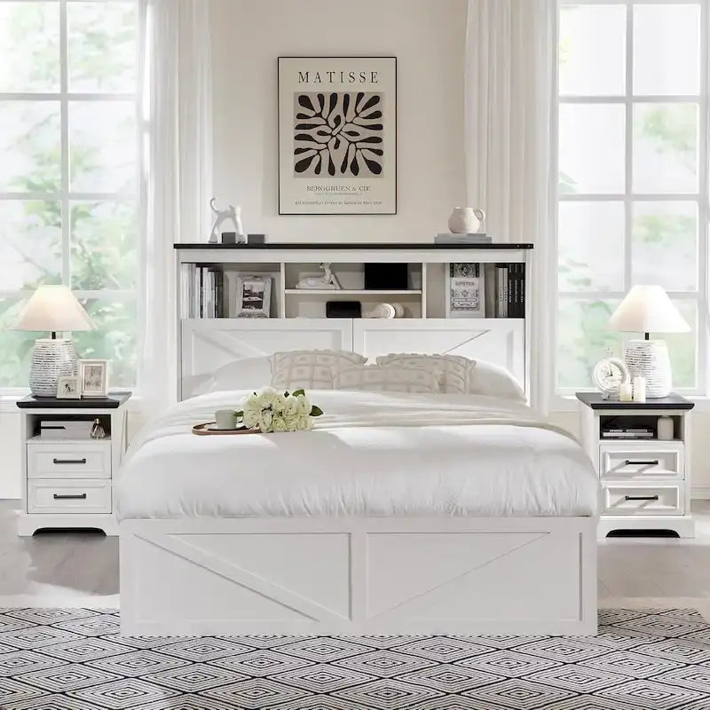 Farmhouse Queen Size Wood Bed Frame with Storage Headboard and Drawers