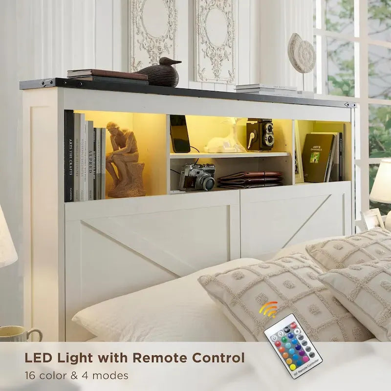 Farmhouse Queen Size Wood Bed Frame with Storage Headboard and Drawers