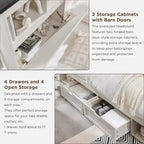 Farmhouse Queen Size Wood Bed Frame with Storage Headboard and Drawers