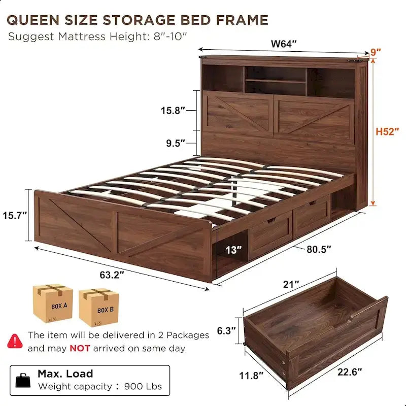 Farmhouse Queen Size Wood Bed Frame with Storage Headboard and Drawers