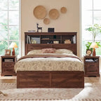 Farmhouse Queen Size Wood Bed Frame with Storage Headboard and Drawers