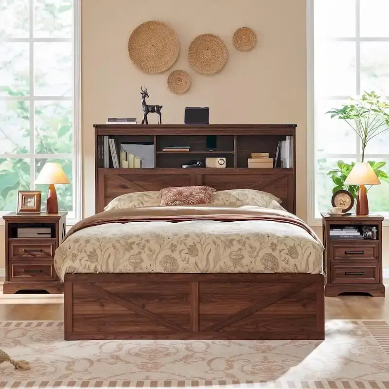 Farmhouse Queen Size Wood Bed Frame with Storage Headboard and Drawers