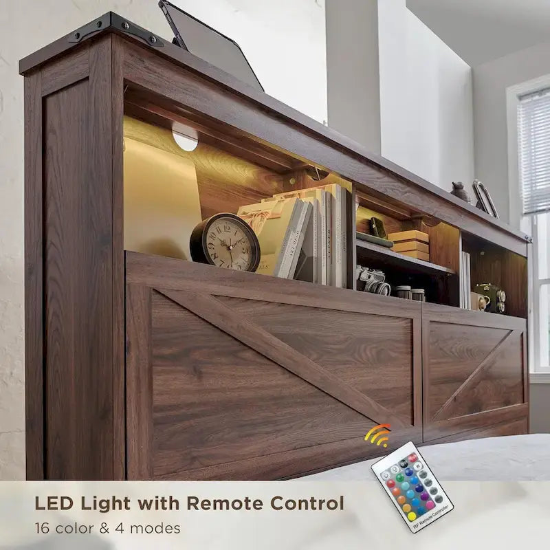 Farmhouse Queen Size Wood Bed Frame with Storage Headboard and Drawers