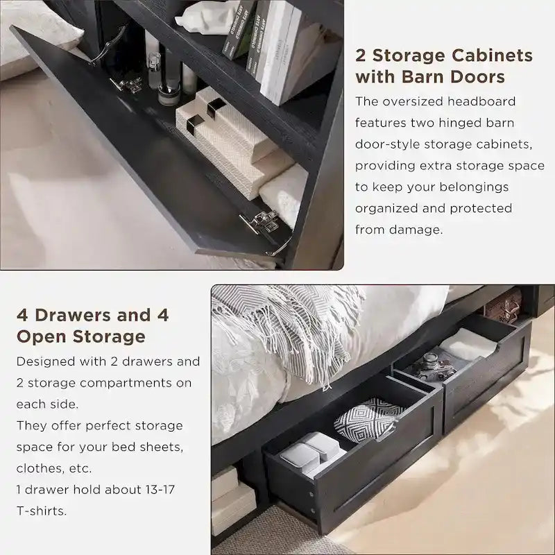 Farmhouse Queen Size Wood Bed Frame with Storage Headboard and Drawers