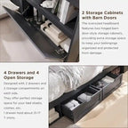 Farmhouse Queen Size Wood Bed Frame with Storage Headboard and Drawers