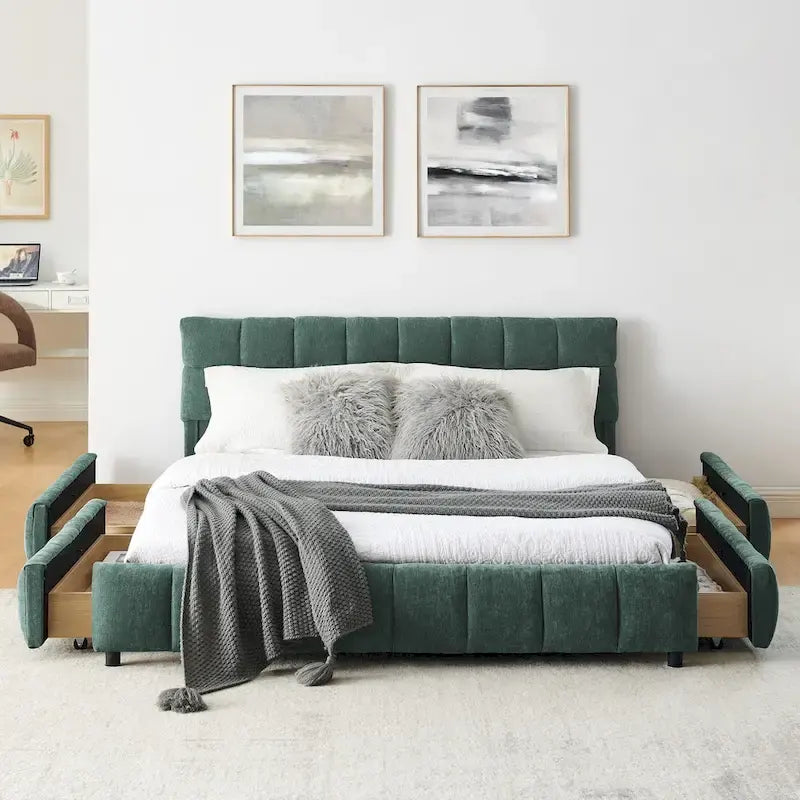 Queen Platform Bed with Chenille Fabric, Soft Headboard & Built-In Drawers