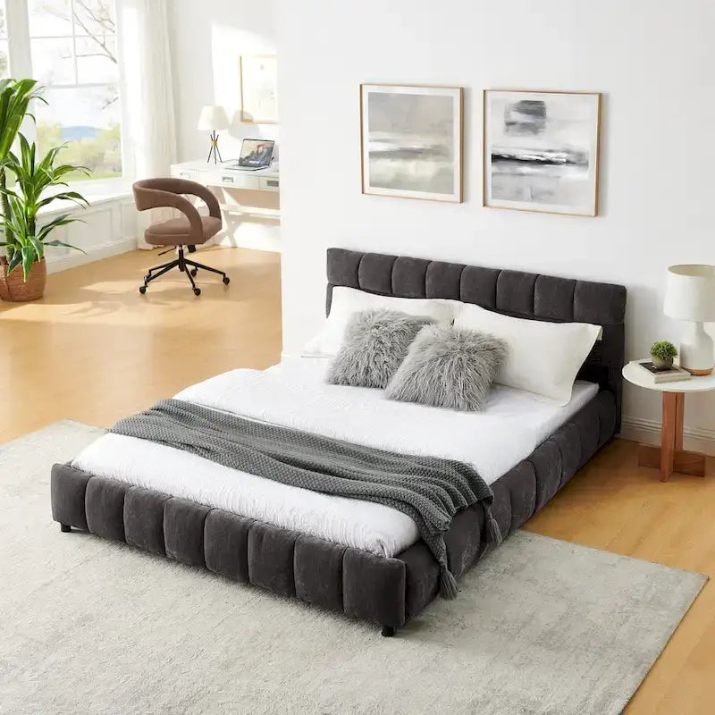 Queen Platform Bed with Chenille Fabric, Soft Headboard & Built-In Drawers