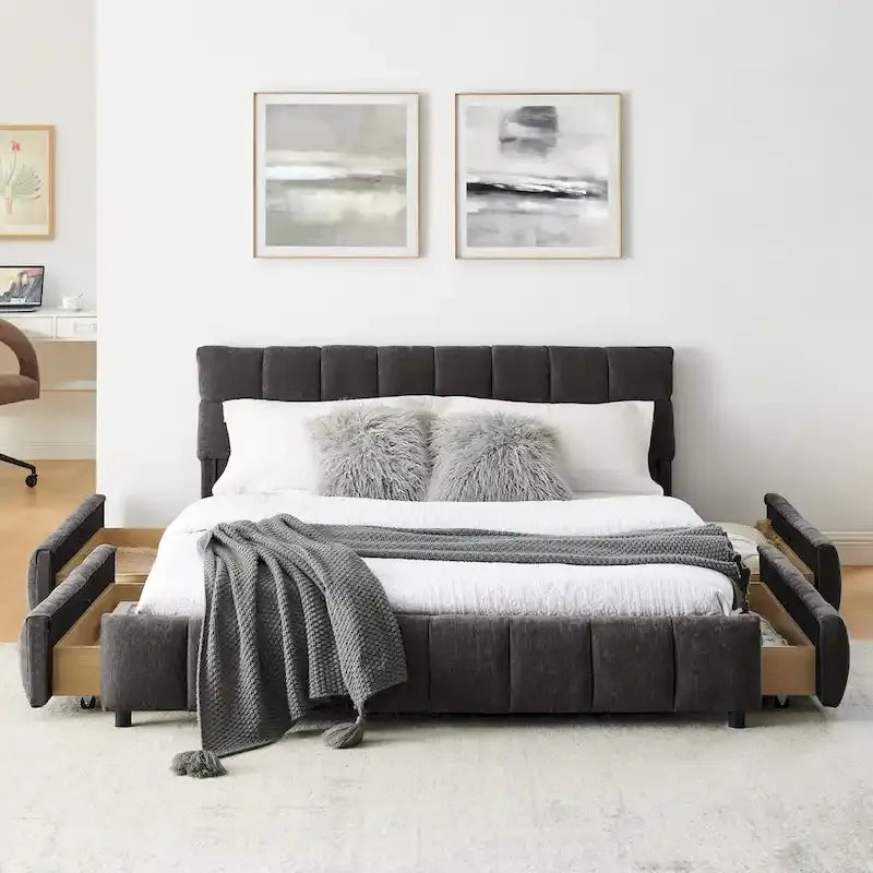 Queen Platform Bed with Chenille Fabric, Soft Headboard & Built-In Drawers