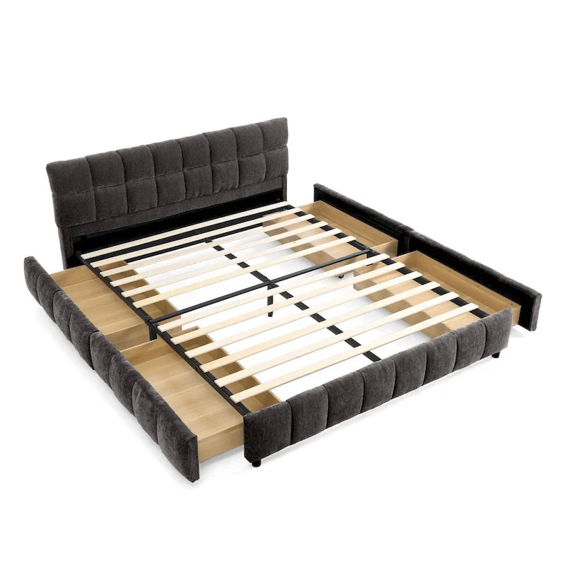 Queen Platform Bed with Chenille Fabric, Soft Headboard & Built-In Drawers
