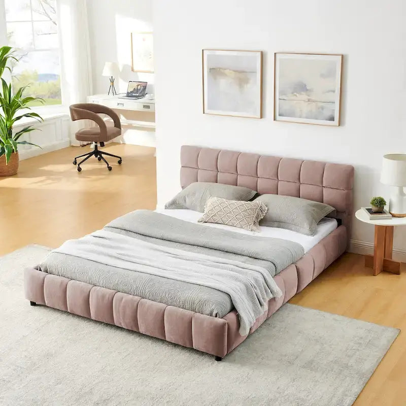 Queen Platform Bed with Chenille Fabric, Soft Headboard & Built-In Drawers