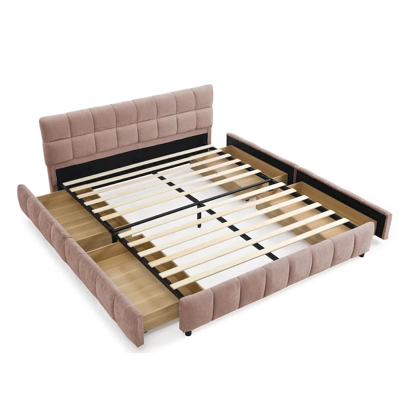 Queen Platform Bed with Chenille Fabric, Soft Headboard & Built-In Drawers