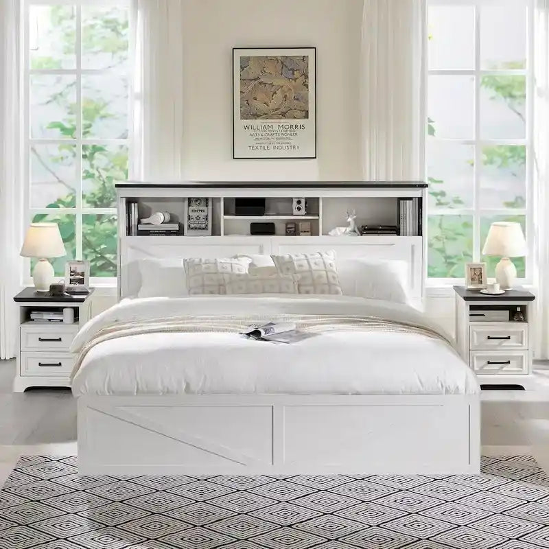 Farmhouse King Size Wood Bed Frame with Storage Headboard and Drawers