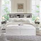 Farmhouse King Size Wood Bed Frame with Storage Headboard and Drawers