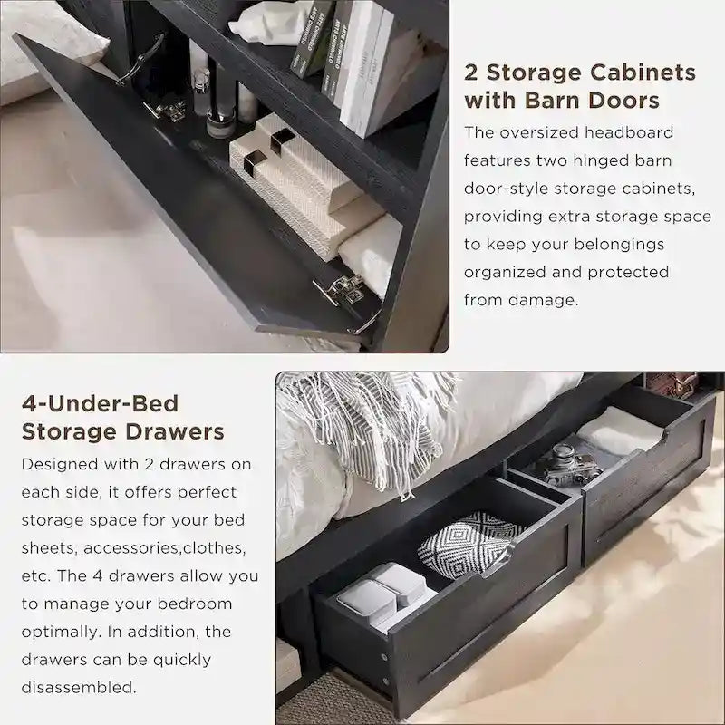Farmhouse King Size Wood Bed Frame with Storage Headboard and Drawers