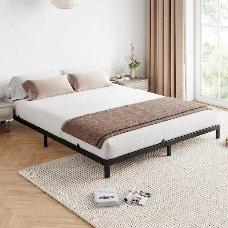 Bed Frame No Box Spring Needed, Heavy Duty Queen Platform Metal Bed Frame with Metal Slats