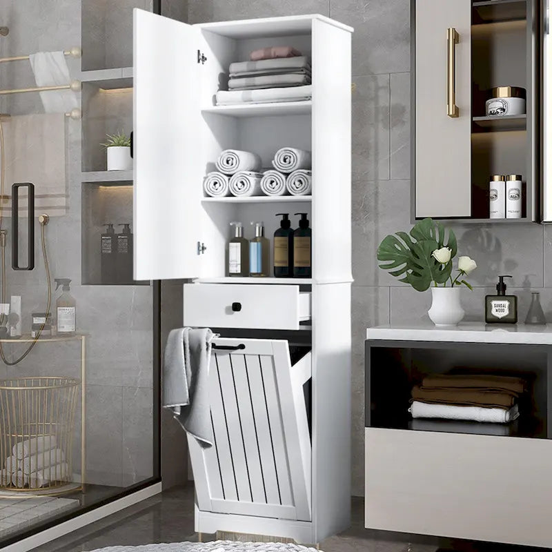 Laundry Cabinet With Doors And 1 Drawer,Tilt-Out Laundr Hamper,Adjustable Shelf, Linen Cabinet