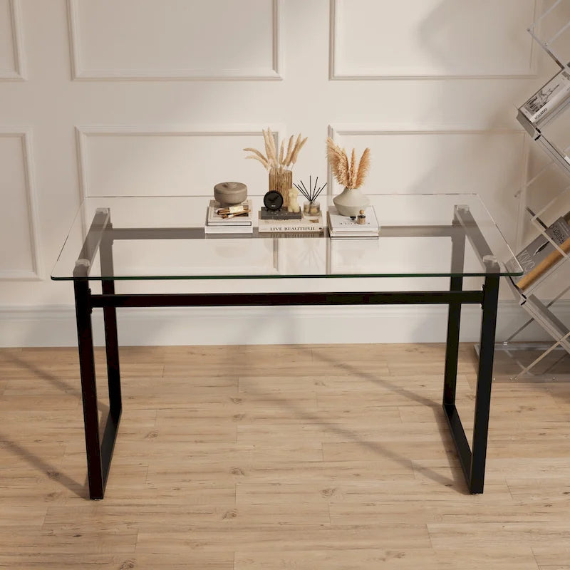 Modern Minimalist Rectangular Glass Dining Table for 4-6 with 0.31 Tempered Glass Tabletop and Black Chrome Metal Legs
