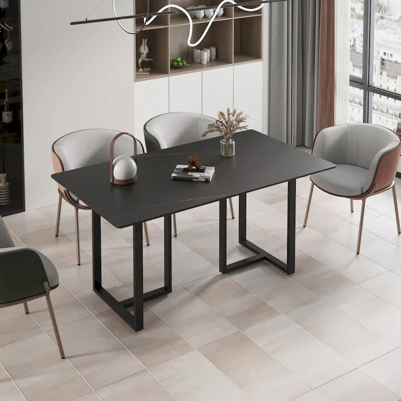 Black Modern 63L x 35W Rectangular Marble Dining Table with Steel Legs