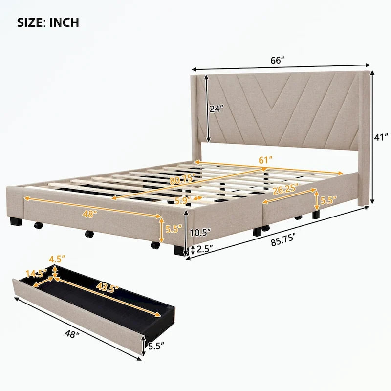 Queen Size Storage Bed Linen Upholstered Platform Bed with 3 Drawers