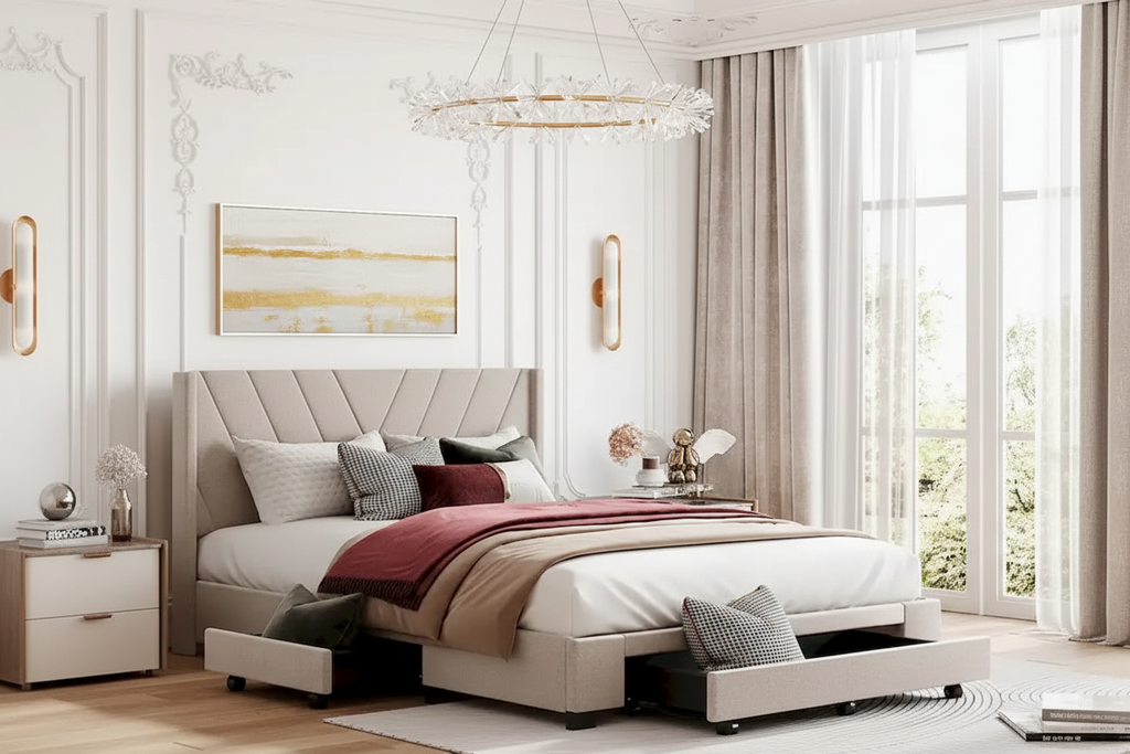 Queen Size Storage Bed Linen Upholstered Platform Bed with 3 Drawers