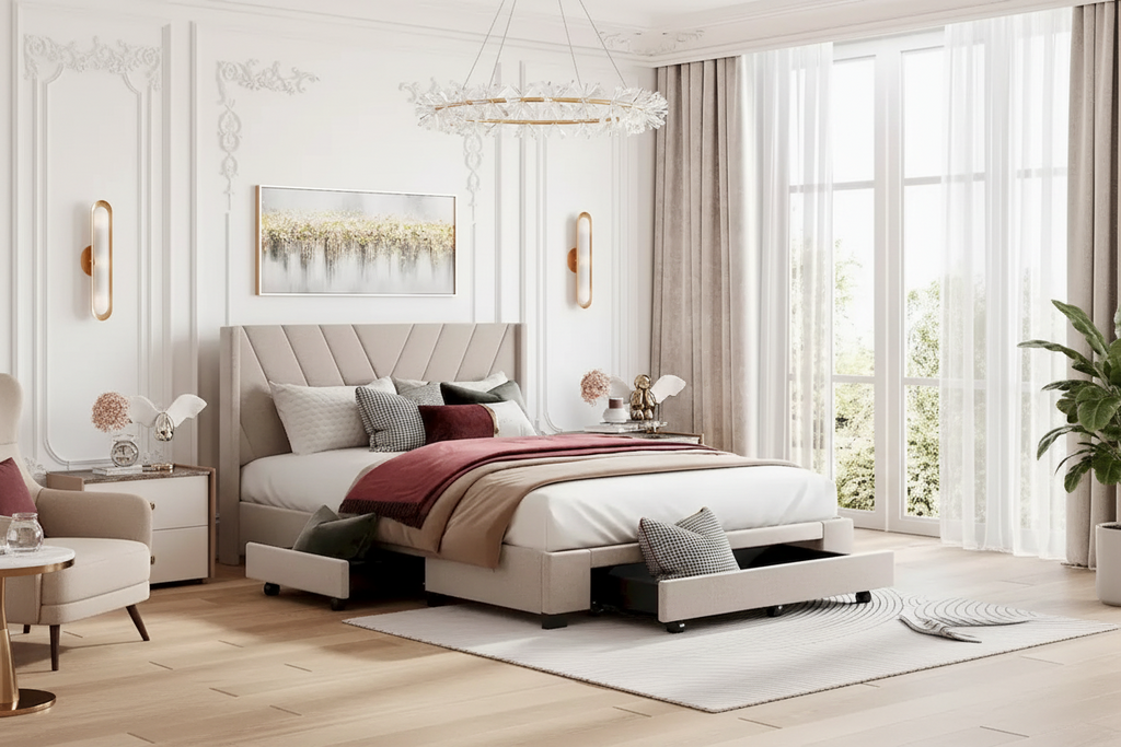 Queen Size Storage Bed Linen Upholstered Platform Bed with 3 Drawers