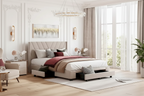 Queen Size Storage Bed Linen Upholstered Platform Bed with 3 Drawers
