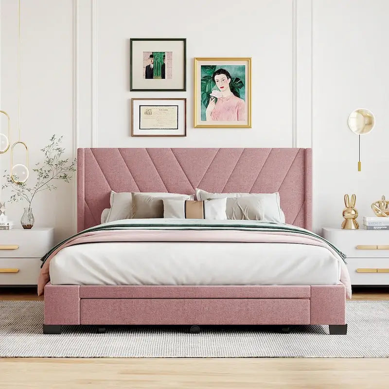 Queen Size Storage Bed Linen Upholstered Platform Bed with 3 Drawers