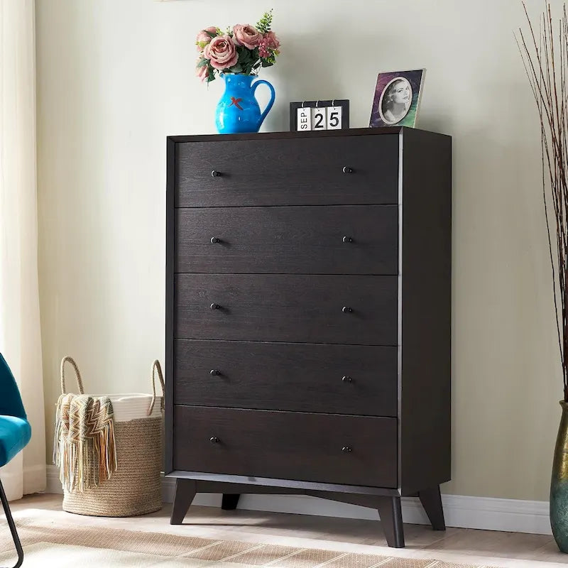 Mid-Century Modern 5 Drawer Dresser, Wood Chest of Drawers