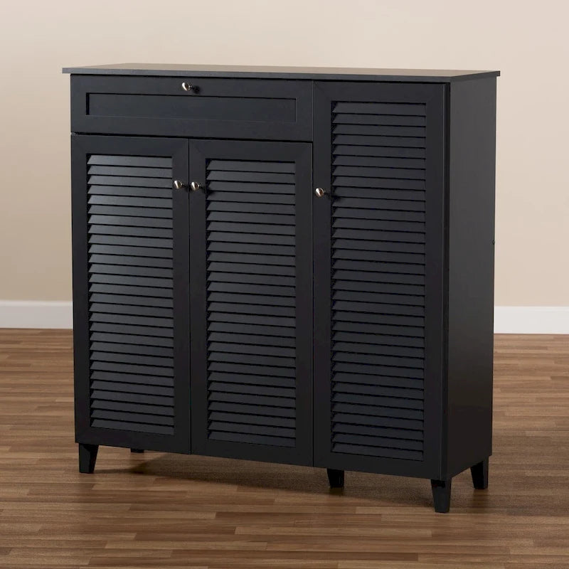 Contemporary 11-shelf Wood Shoe Storage Cabinet with Drawer