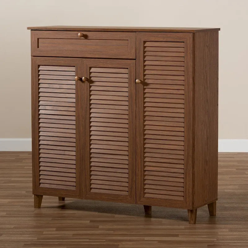 Contemporary 11-shelf Wood Shoe Storage Cabinet with Drawer