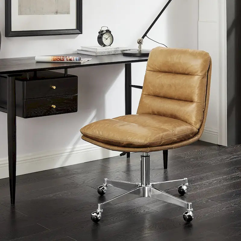  Mid-Century Modern Genuine Leather Home Office Desk Chair