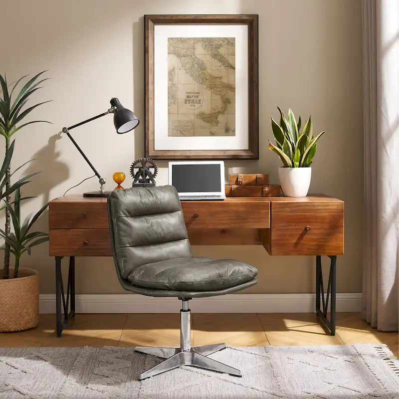 Mid-Century Modern Genuine Leather Home Office Desk Chair