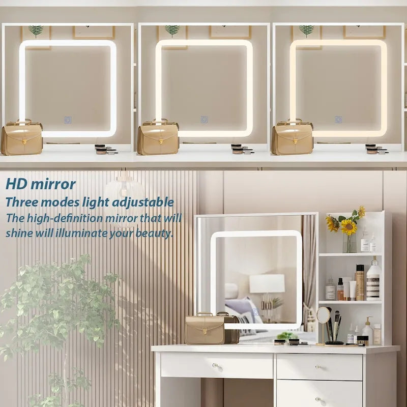 39.4Wide Makeup Vanity Set with Stool and 3 Color Touching Mirror - 39.4W