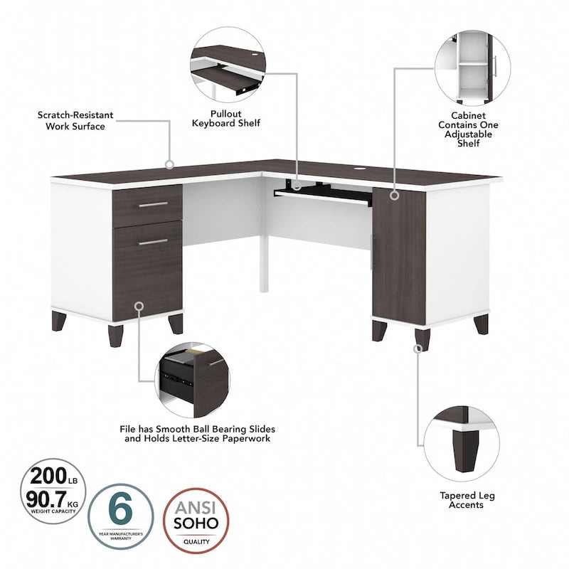 60W L Shaped Desk with Drawers and Storage