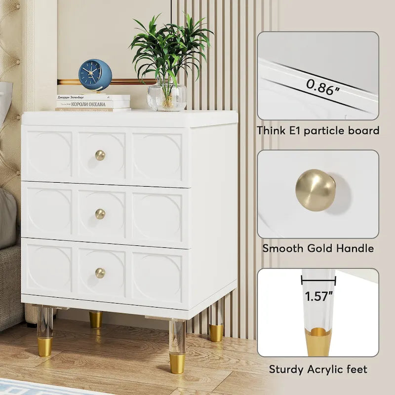 Nightstand Bedside Table with 3 Drawers, Bedroom Tall Night Stands Sofa End Table with Storage for Bedroom, Living Room