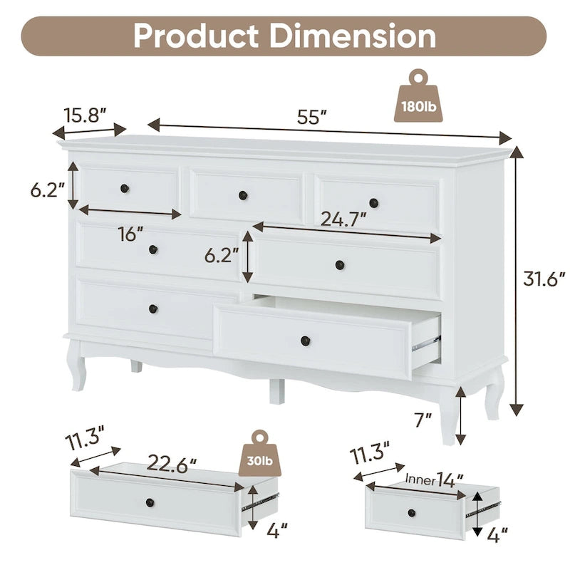 7 - Drawer Dresser with Solid Wood Legs and Painted Finish