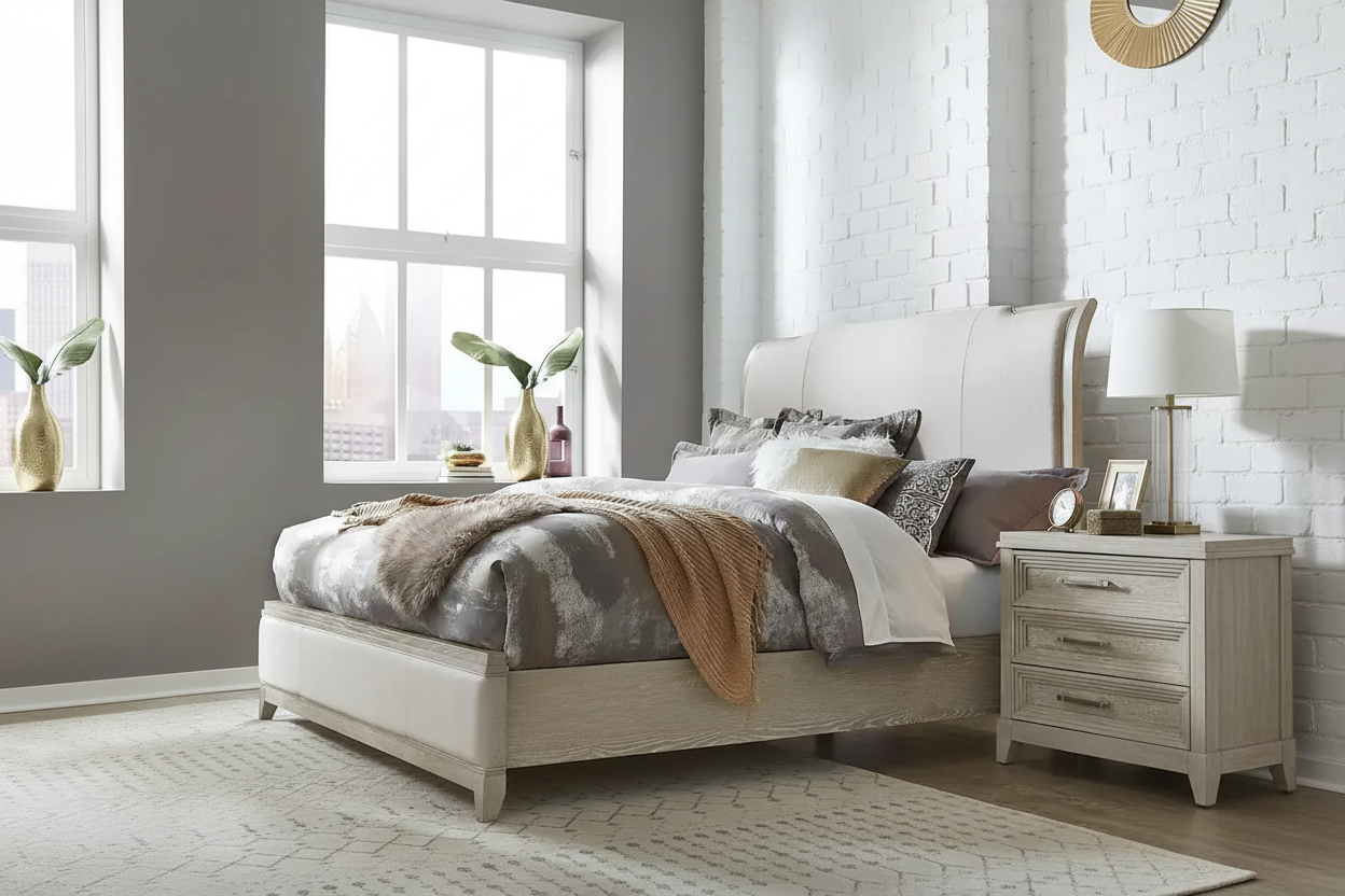 Washed Taupe & Silver Champagne King California Upholstered Bed