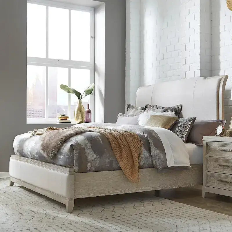 Washed Taupe & Silver Champagne King California Upholstered Bed