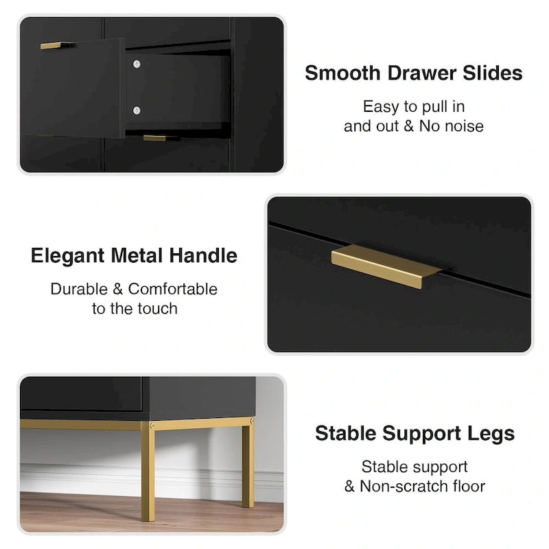 Modern 6-Drawer Double Dresser Black Wood Chest of Drawers Storage Organizer for Bedroom
