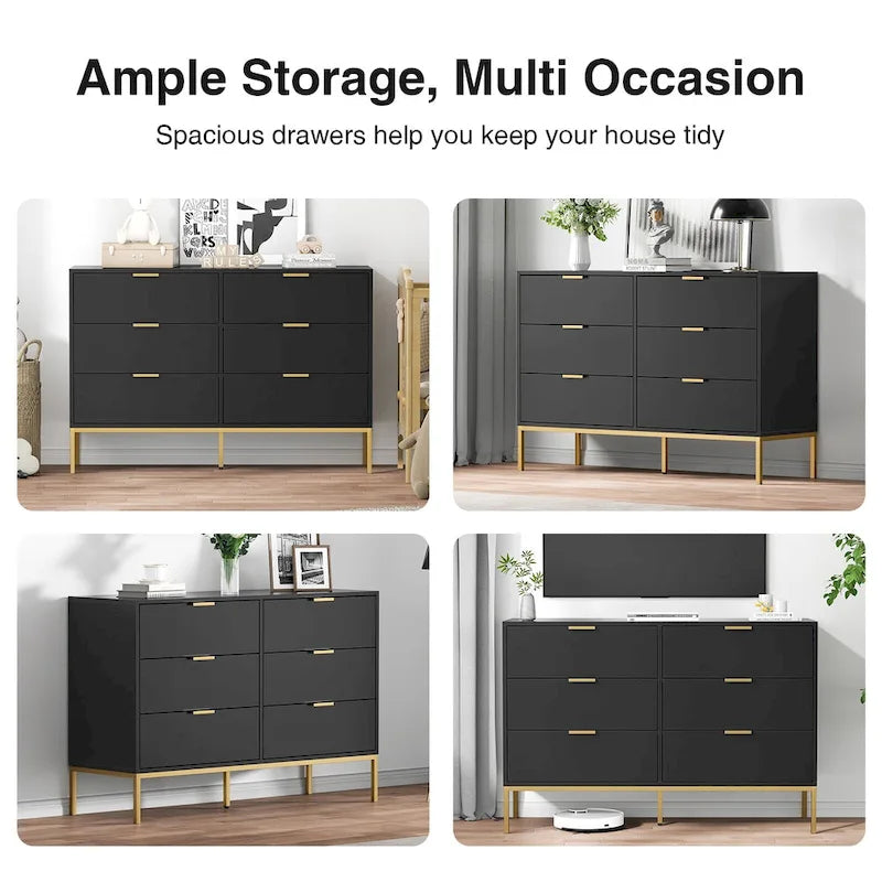 Modern 6-Drawer Double Dresser Black Wood Chest of Drawers Storage Organizer for Bedroom